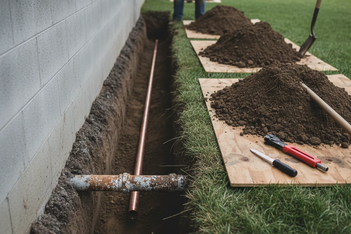Excavated water line trench during Water Heater Repair in Paisley